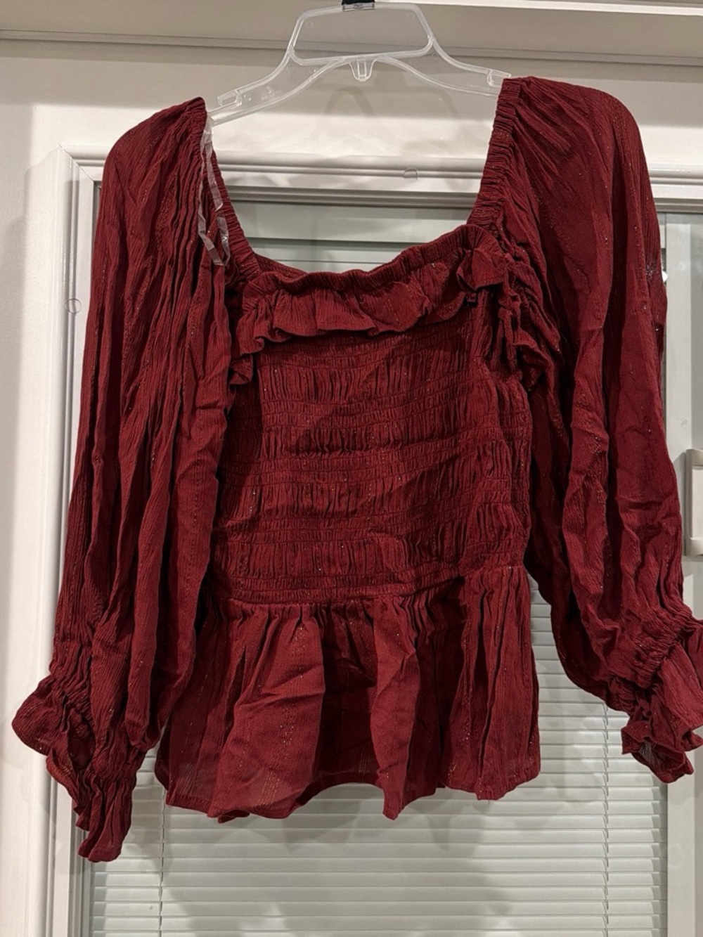 Angie Burgundy Smocked Ruffle Long-Sleeve Blouse